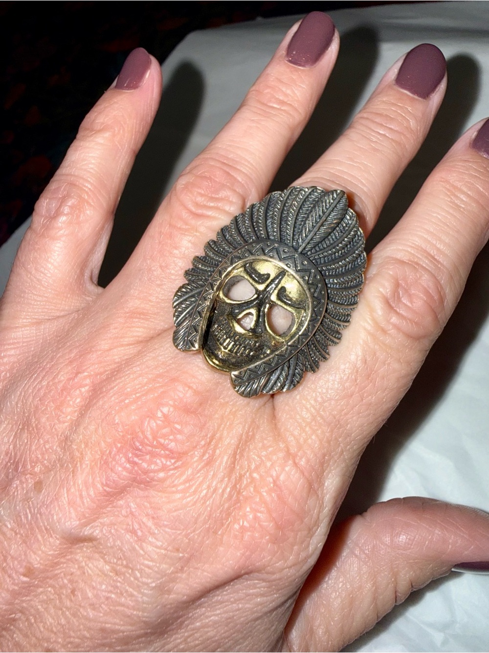 Antique Look Brass Skull Headdress Ring - Statement Accessory